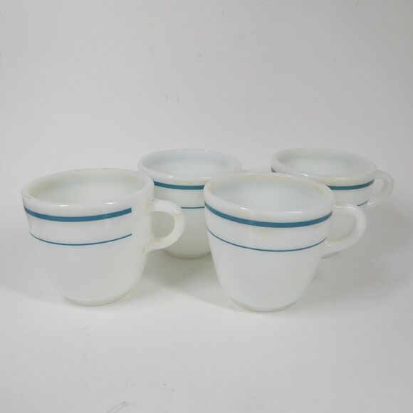 Anchor Hocking Other - Anchor Hocking Anchorware 4 Teal Blue Stripe Coffee Mugs 910 Cups Vtg Milk Glass